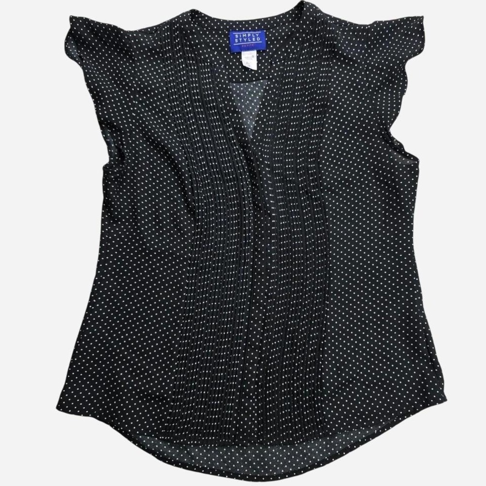Simply Styled Petite Black Polka Dot Flutter Sleeve Pintuck‎ Blouse SP 15099